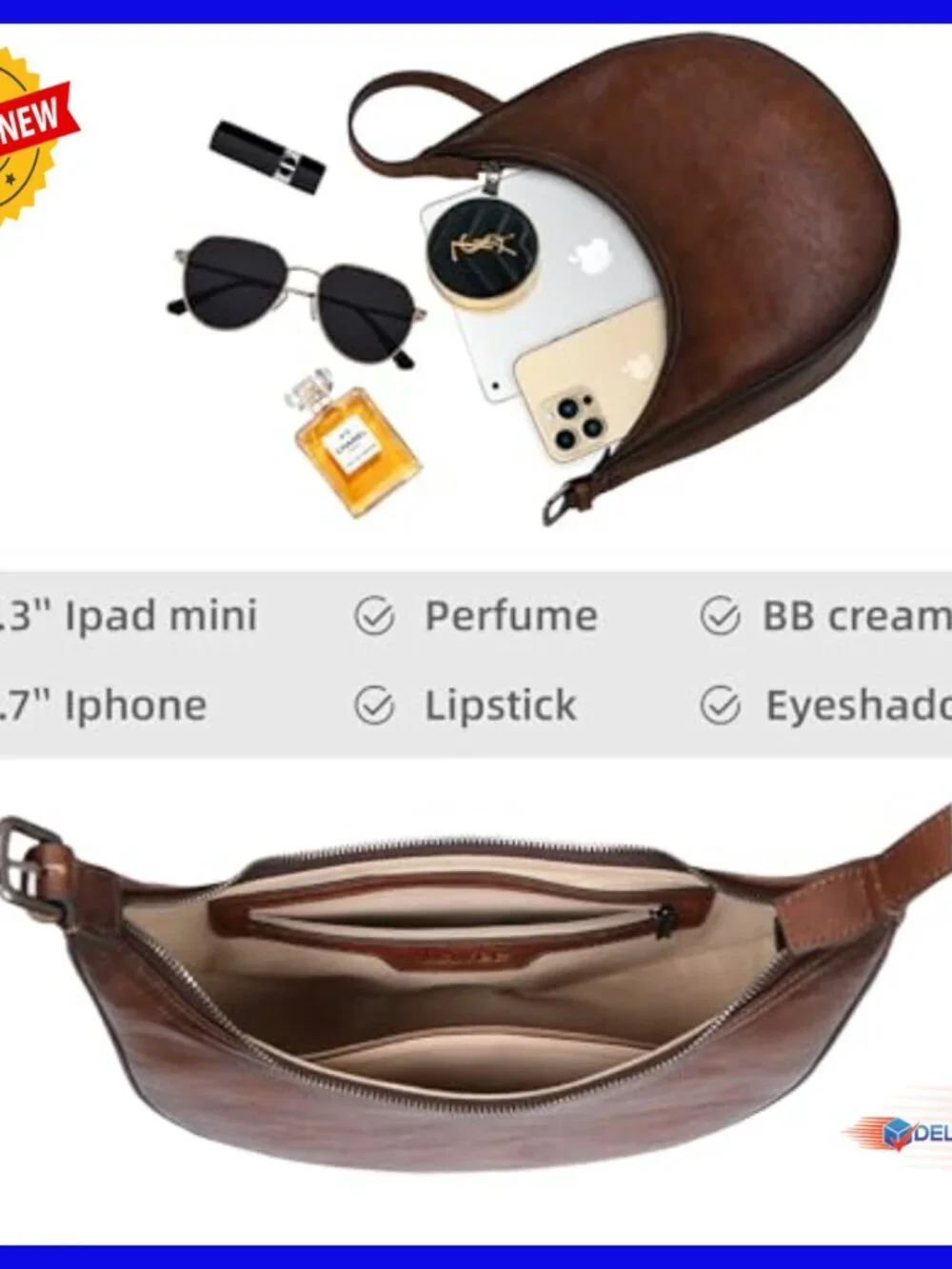 Leather Hobo Crossbody Bag with Adjustable Strap, 10.5x11.6 Inches